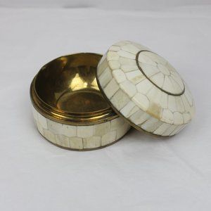 Vintage Shell Inlay Medium Brass Round Trinket Holder